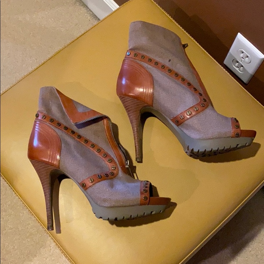 Canvas and Leather High Heel Booties